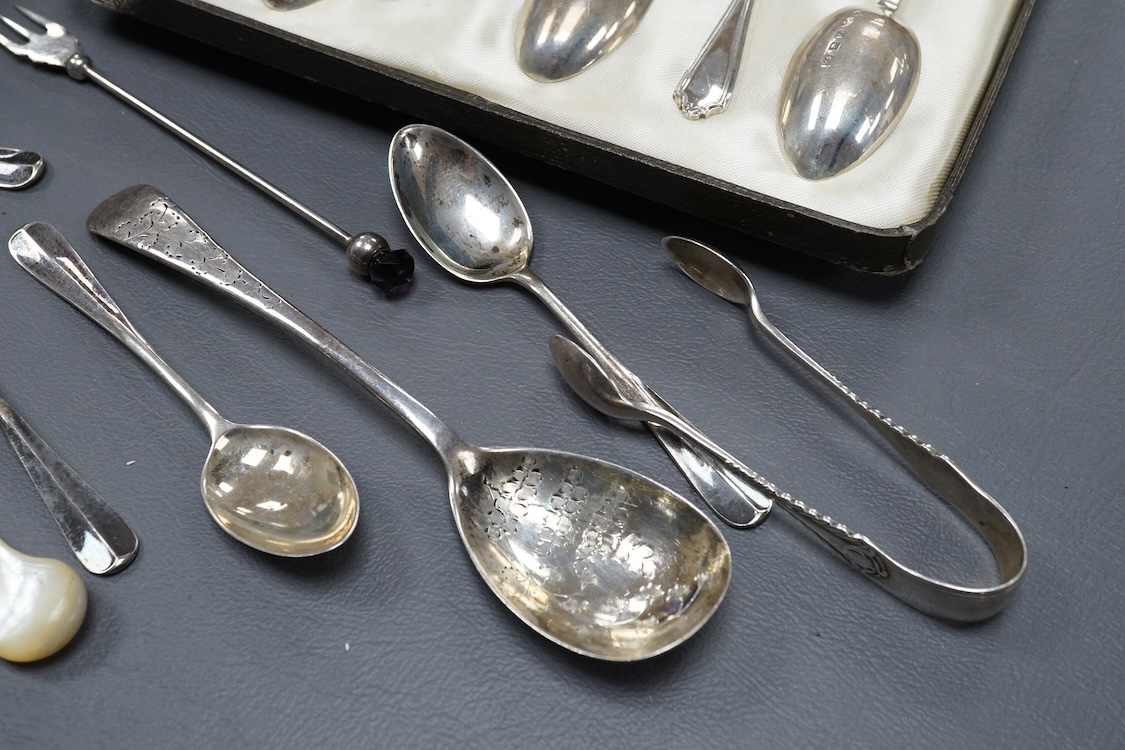 A collection silver to include a modern commemorative Britannia standard dish, cased, a cased set of six George VI teaspoons and other sundry flatware.